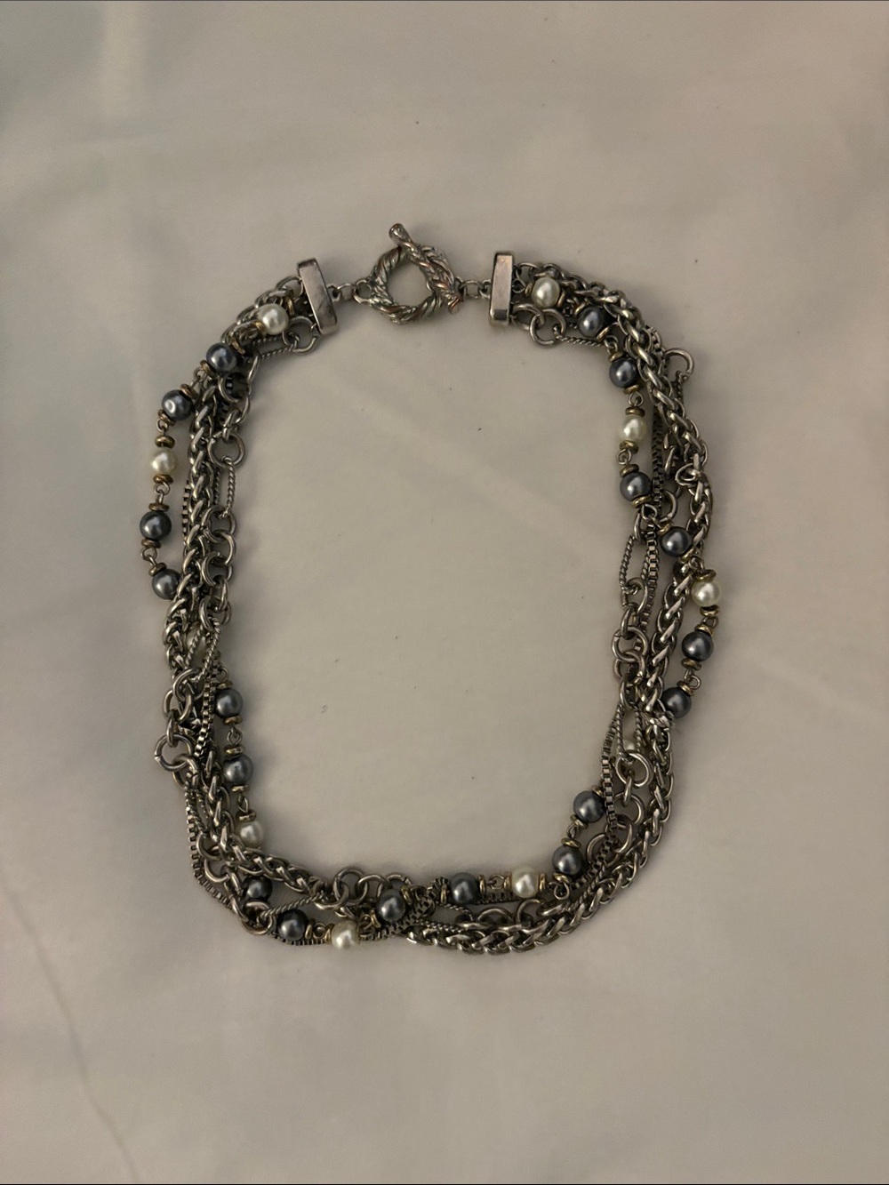 Multi-Chain Pearl Accent Necklace in Silver and Gray